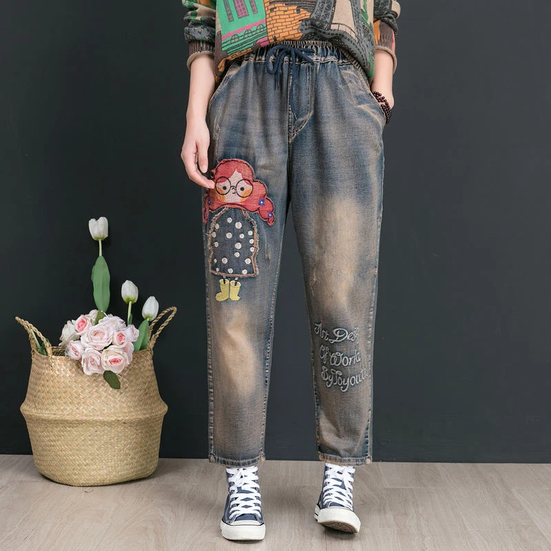 Billig Herbst Neue Kunst Stil Frauen Jeans Plus Größe Vintage Stickerei Patchwork Lose Baumwolle Denim Harem Hosen Hohe Qualität D554
