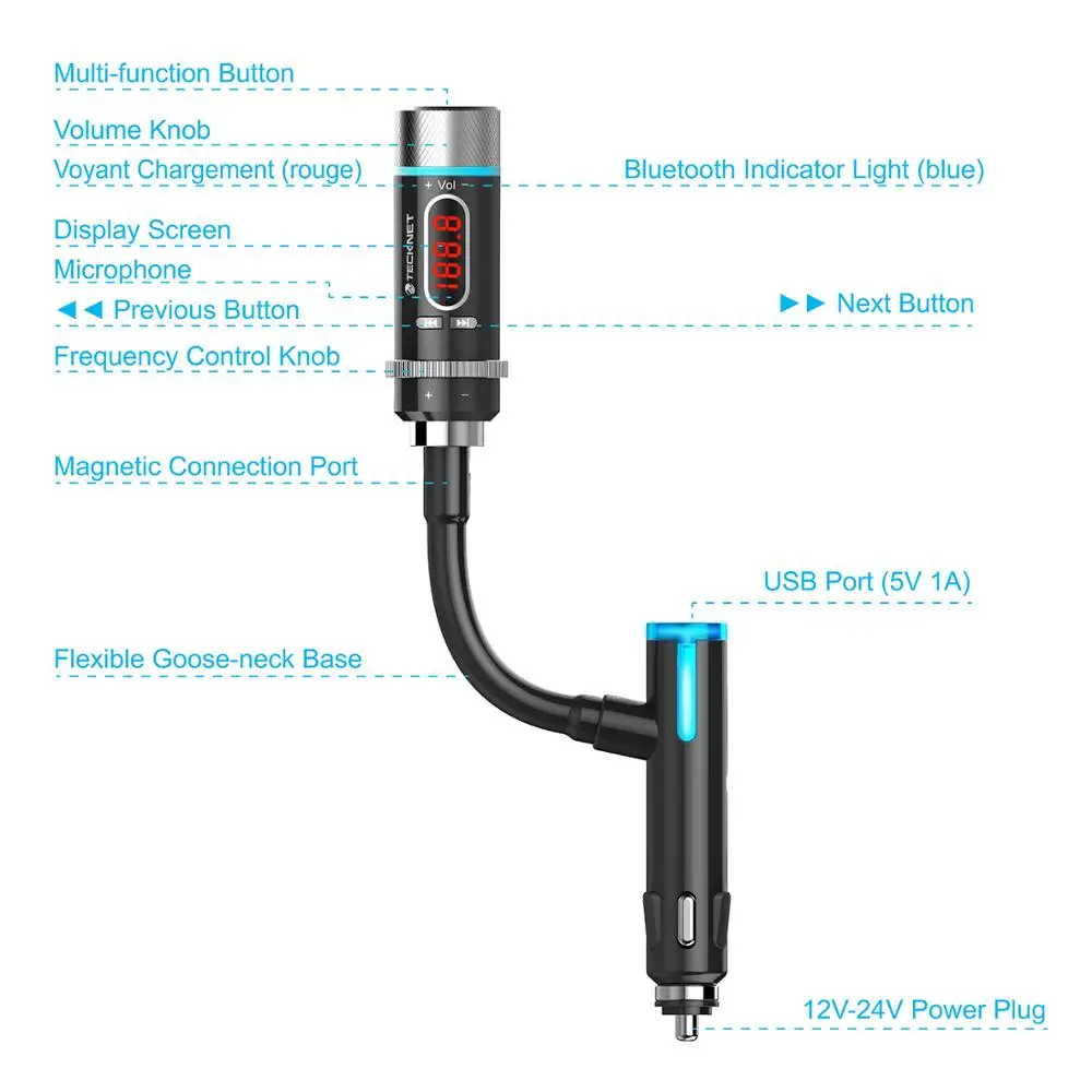 TeckNet 5 В/1A USB Автомобильное зарядное устройство с Hi-Fi fm-передатчиком Bluetooth громкой связи FM модулятор телефон зарядное устройство в автомобиле для iPhone Xiomi