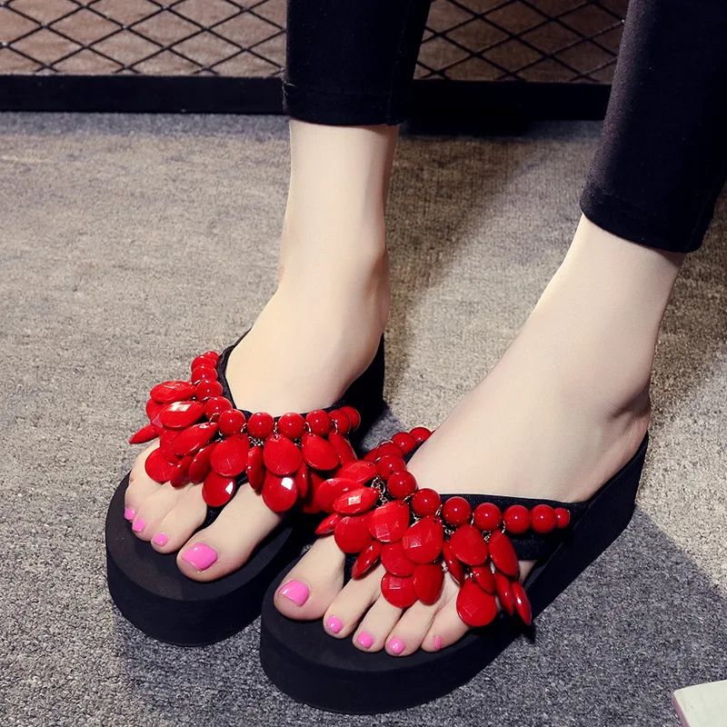 Summer new women's shoes beach shoes fashion youth shoes handmade beaded sewing sponge wedges slippers flip-flops cool shoes