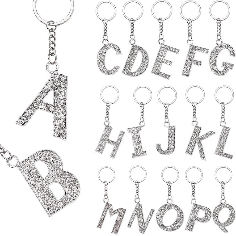 Llavero con colgante de letra para hombre y mujer, llavero con diamantes de imitación de cristal, letra mayúscula inicial, A-Z, cadena de joyería Unisex, llavero de regalo