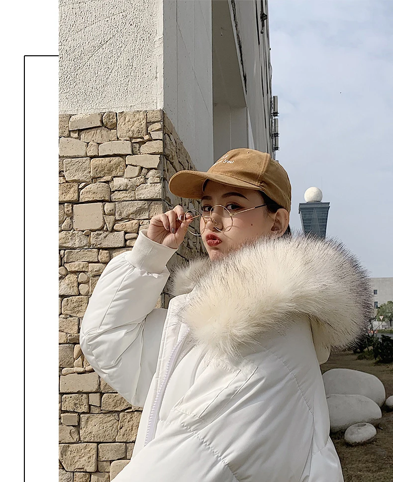 Solid Fur Hooded Long Down Coat Women Harajuku Winter Loose Windproof Thicken Down Jackets Female Korean Plus Size Parka Coats
