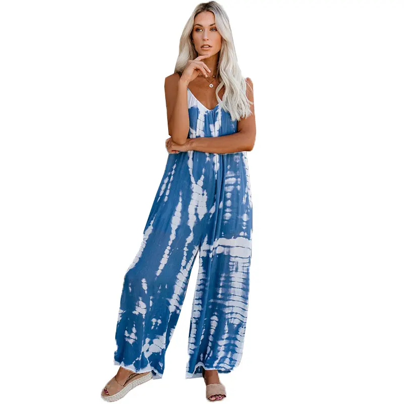 

European Outfits Sleeveless Printed Jumpsuit Women Summer 2020 Fashion Plus Size Beach Loose Casual Rompers Womens Jumpsuit 496