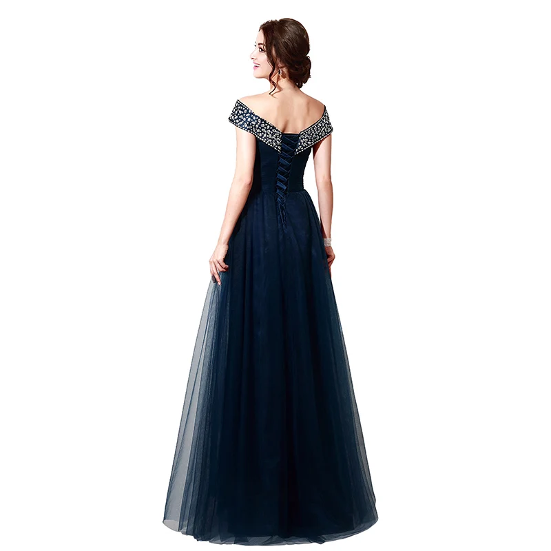 Модные тюлевые вечерние платья темно-синего цвета с бисером vestido de festa longo элегантные трапециевидные длиной до пола Дешевое платье для выпускного SD204