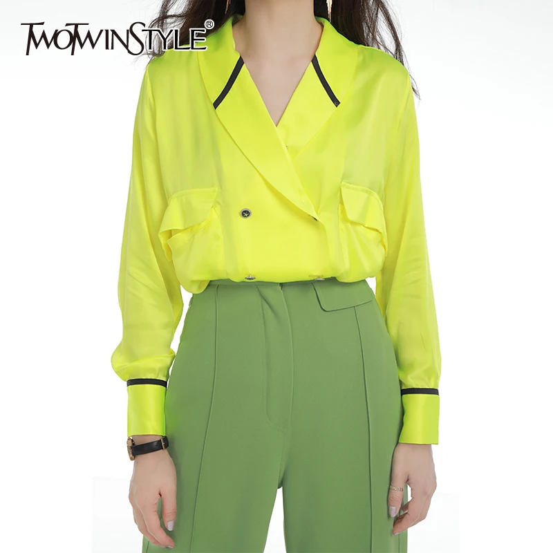 

TWOTWINSTYLE White Women's Shirt V Neck Long Sleeve Double Breasted Pocket Shirt Blouse Female 2019 Spring Fashion New Clothing