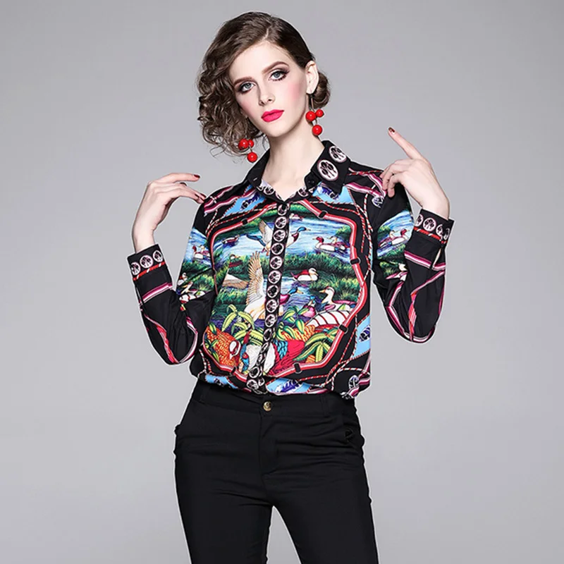  Willstage 2019 Autumn Women shirts long sleeve printed pattern birds Blouse Collar button Shirt fem