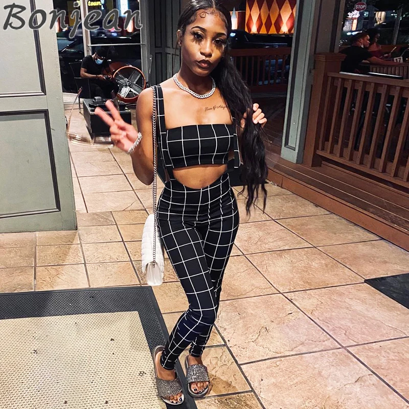

BONJEAN Plaid Print 2 Pieces Sets Strapless Bra Sleeveless Backless Crop Tops Long Overalls Pants Suit Women's Two Piece Set
