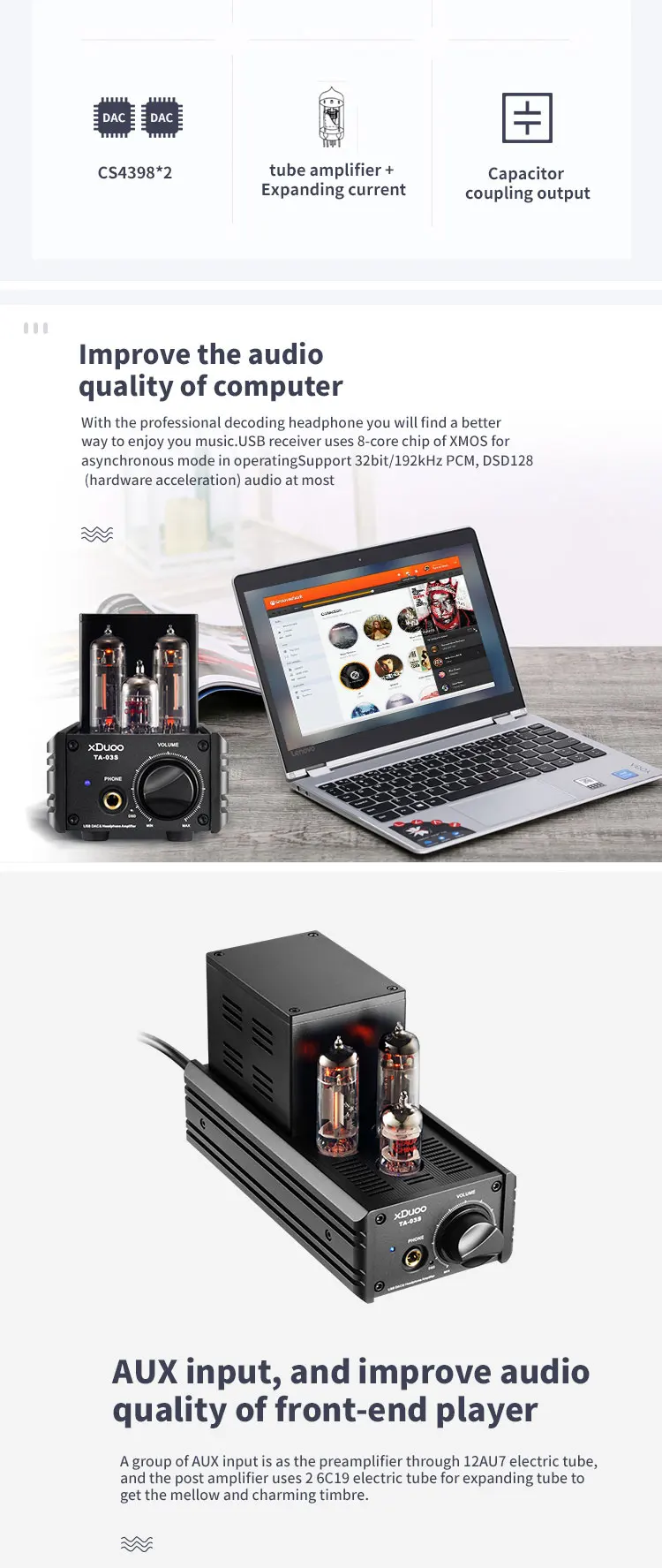 XDuoo TA-03S Профессиональный ЦАП усилитель для наушников вакуумная трубка HIFI USB усилитель XMOSU8 CS4398x2 300 мВт 12AU7 электронная трубка