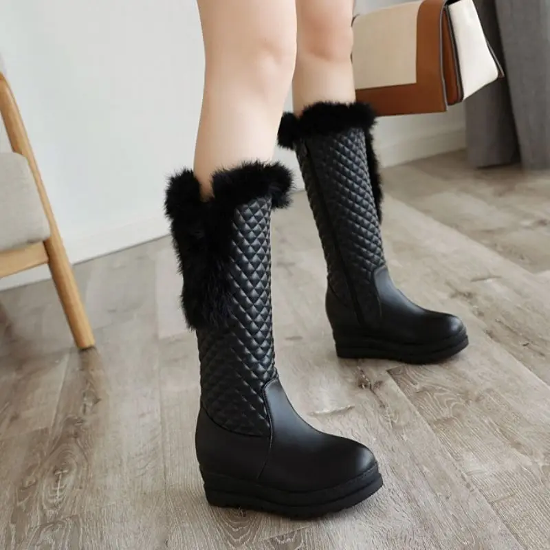 Taoffen Women Wedges Party Fur Ankle Platform Knee Boots Keep Warm Fur Long Boots Round Toe Shoes Women Footwear Size 29-43