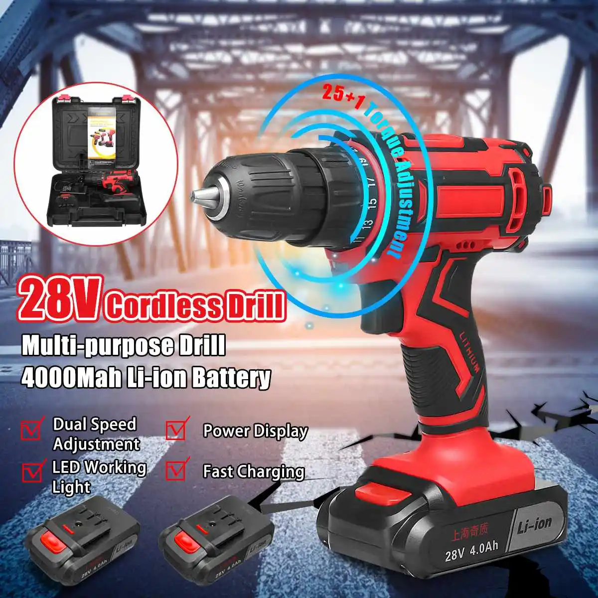 

28V Electric Cordless Drill 2 Speed Power Driver Screwdriver 2 Li-Ion Battery LED Light 48Nm 25+1 Torque 3/8" Chuck Power Tools