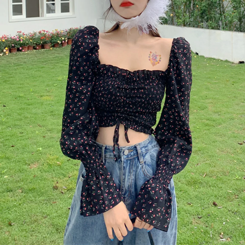 Vintage Boho Women Blouse Floral Pleated Lace-Up Square Neck Pullover Long Sleeve Slim Preppy French Romantic Casual Lady Top