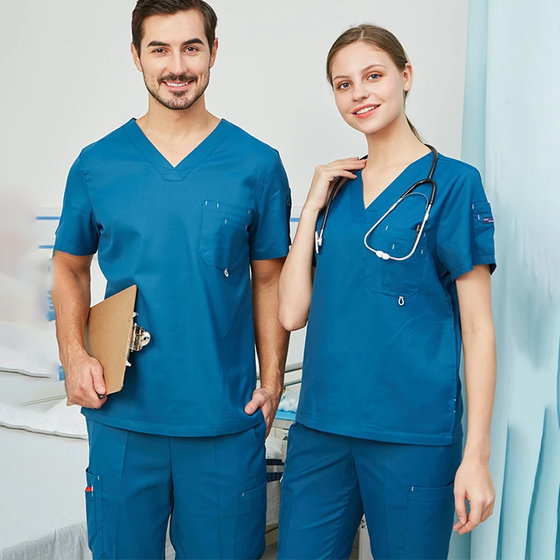 

Scrub Set Uniform Nurse Workwear Nursing Top and Pant Women Men Solid Color Chlorine Bleach Resistance Heathered Working Suit