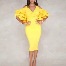 Aliexpress - Elegant Party Dress Women 2021 Sexy Bodycon Lotus Leaf Sleeve Off Shoulder Evening Midi Dresses Summer Yellow Pink Black Office