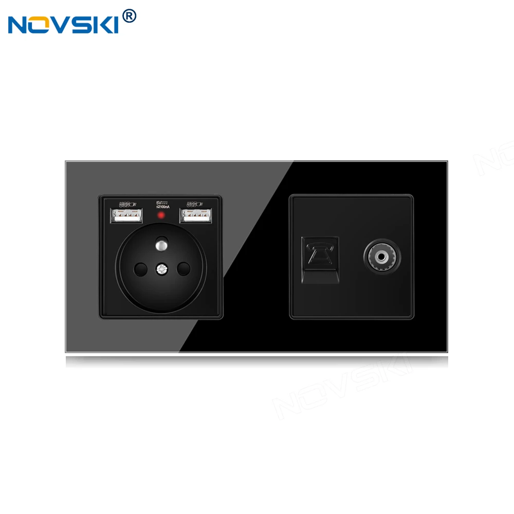 

172 EU Standard DIY Socket Double Frame, French 2 Outlets, 2.1A Dual USB Charging Port, Data Socket German Bayer Base, Black