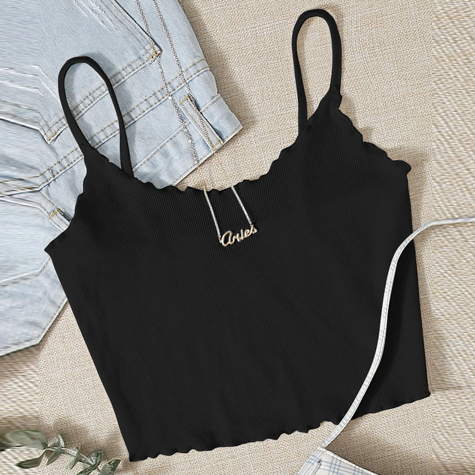 black camisole 2021 Sexy Ribbing Solid Women Crop Tops Vest Y2K Ladies Summer Sleeveless Ruffle Small Camis Tops Tees Tank Crop Tops Streetwear camisole bra