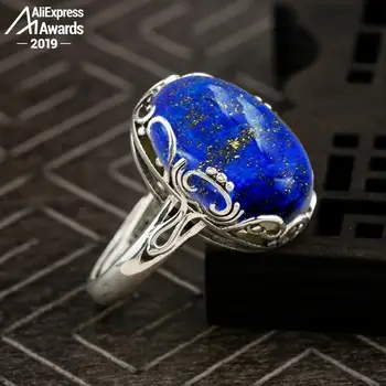 

13*18mm 6.18 Sale S925 Sterling Silver Asia Lapis Rings Exaggerated Rings Chinatown Afghanistan Retro Gemstone