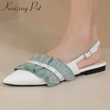 

Krazing pot new sweet genuine leather pointed toe low heel ruffles pearl decorations mixed colors beauty lady sandals women L19