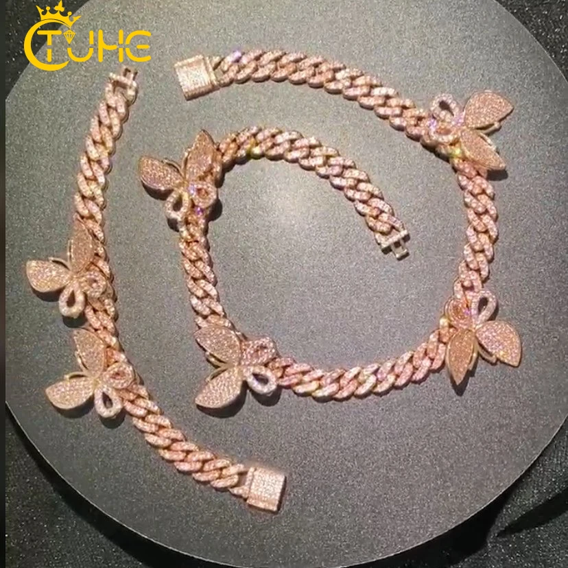 Высокое качество розовое золото кубинское звено Бабочка колье цепочка