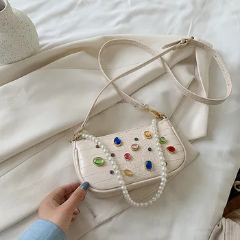 

Diamond Flap Alligator Pattern Crossbody Bag For Women 2020 Fashion Pearl Chain PU Leather Shoulder Bag Lady Handbag Women's Bag
