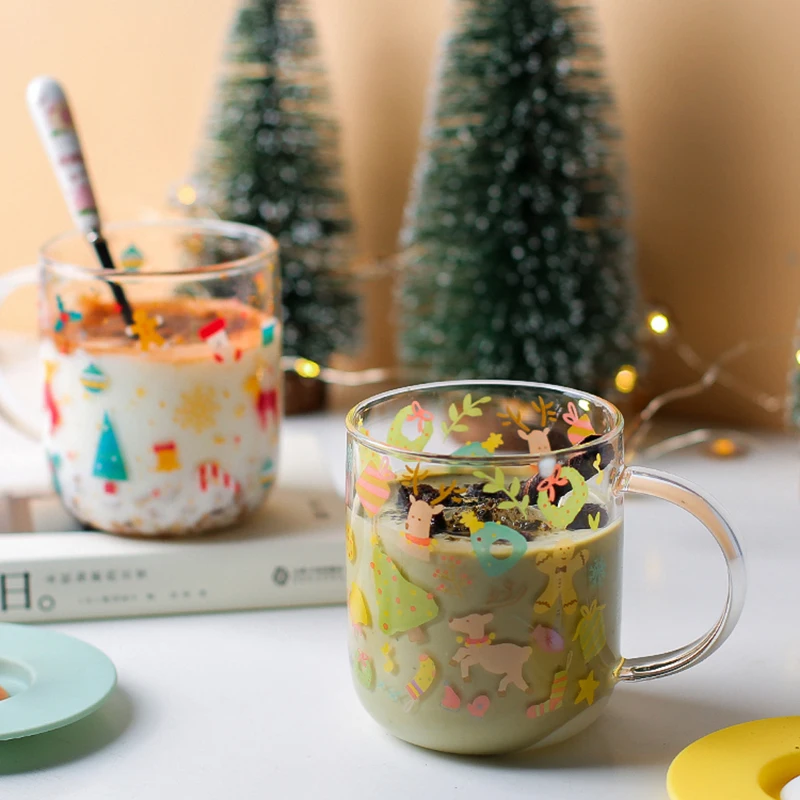 450/500ml Christmas Glass Mug with Handle Christmas Tree Coffee Water Tea Cup Heat Resistant Breakfast Milk Cup Children's Gifts