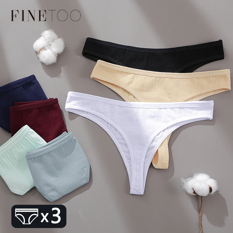 FINETOO Cotton Thongs Women 3Pcs/set Soft T-back Underpants S-XL Ladies G-string Underwear Low Waist Panty Lingerie New | Женская одежда