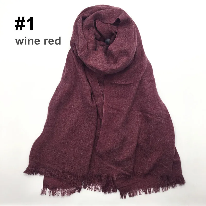 Одноцветный хлопковый мусульманский хиджаб шарф длинная мягкая шаль короткая кисточка Женская бахрома платок Исламская повязка на голову тюрбан 90x180 см - Цвет: 1 wine red