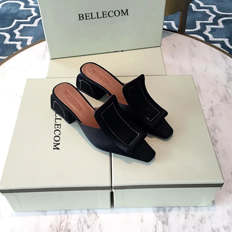 

SONFRNCH New spring/summer 2019 genuine silk side half slipper square buckle hollow bun flat heel women's shoes