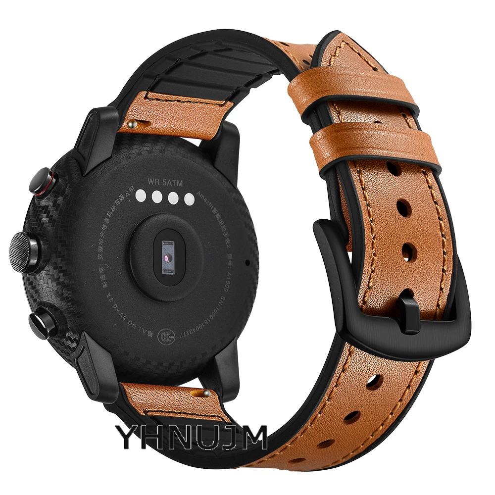 YHNUJM 22mm Amazfit Strap for Xiaomi Huami Amazfit Pace Stratos 2 Strap Leather+Silicone Bracelet Amazfit 2 Band