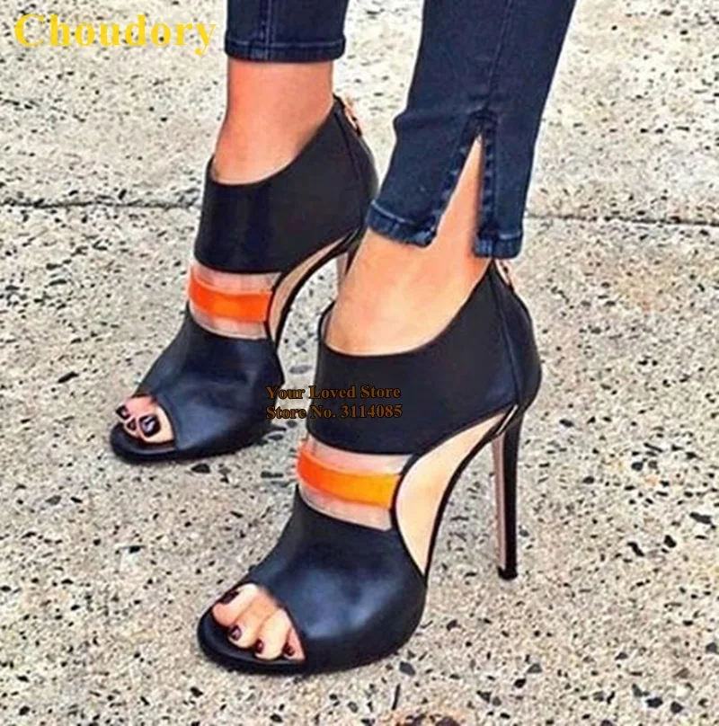 

Choudory Black Orange Mixed Color Cut-out Sandals Thin High Heel Opent Toe Dress Shoes Dropship Gladiator Party Shoes Size 47
