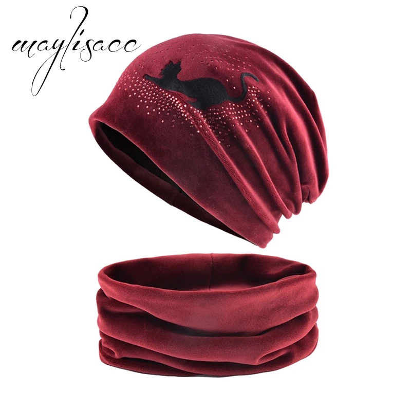 Maylisacc, Женская осенне-зимняя теплая шапка с шарфом и кольцом, милые шапочки с котом, шапки в стиле хип-хоп, женские шарфы с шапкой