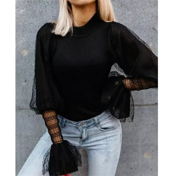 

Knitted Jumper 2020 Autumn Spring Tops turtleneck Pullover Casual Sweaters Women Shirt Mesh Puff Long Sleeve Tight Sweater Women