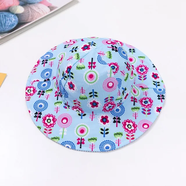 Summer Children Cotton Cartoon Bucket Cap For Boys Printing Floral Baby Girls Sun Hat Flower Kids Bonnet blue flower