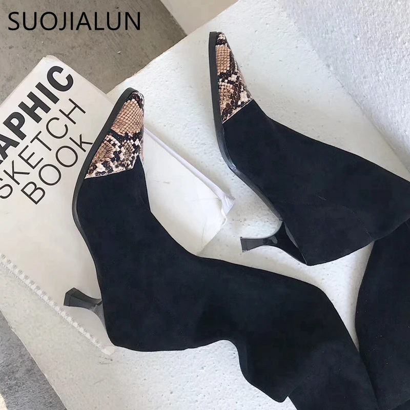 SUOJIALUN/ г.; модные эластичные женские Сапоги выше колена из флока; элегантные женские сапоги-лодочки до бедра; зимние высокие сапоги