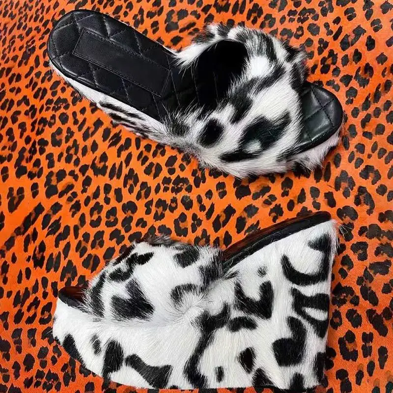 

2022 Women's High Heels Slippers Ladies Sexy Cotton Slipper Female Fur Furry Fashion Footwear Winter&Autumn New Plus Size Shoes