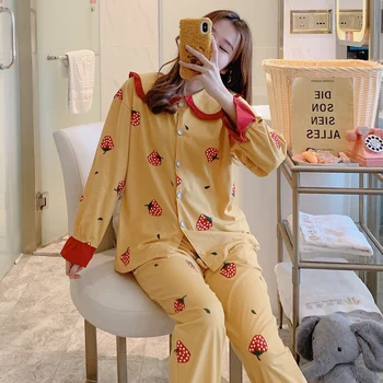 

2020 Autumn Pajama Set Women's Cotton Long Sleeve Cardigan Lapel Cartoon Loose Large Size Women Homewear Pyjama Cute Pajamas