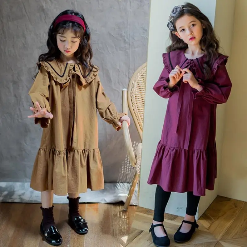 Одежда для маленьких девочек коллекция года, Осенние хлопковые платья с длинными рукавами Soild цветной фонарь с круглым вырезом, одежда для детей длинное платье принцессы