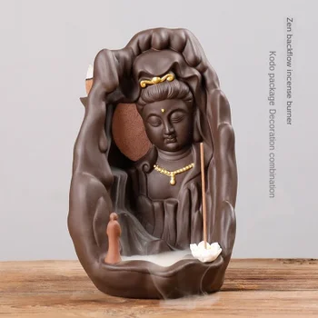 

Purple sand smoke backflow incense burner depicting golden lotus Guanyin sandalwood incense burner Tathagata Zen home decoration