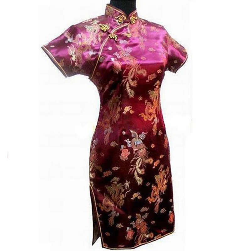

Burgundy Female Short Sleeve Mini Cheongsam Chinese Modern Qipao Vintage Button Eleagnt Evening Party Gown Oriental Vestidos