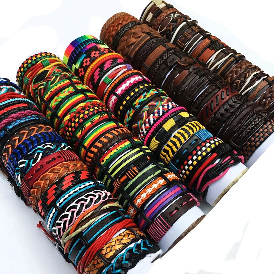 Wholesale 20pcS/50pcs Bulk Leather Charm Bracelets For Men Women Vintage Mix Styles Adjustable Bangle Jewelry Gifts