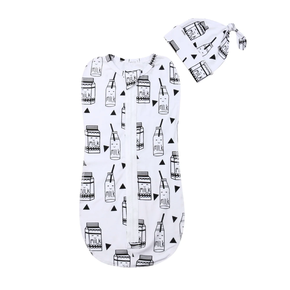 Брендовое Пеленальное Одеяло на молнии для новорожденных Милый принт с животными из мультфильмов пеленка для сна муслиновая пеленка+ шапка, 2 предмета, хлопковая одежда для сна - Цвет: Milk Cartoon