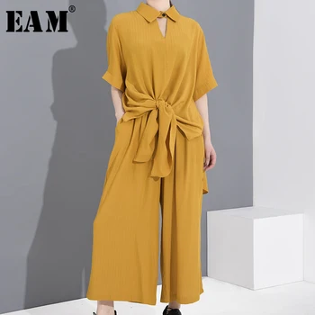 

[EAM] Wide Leg Pants Bandage Two Piece Suit New Lapel Half Sleeve Yellow Loose Fit Women Fashion Tide Spring Summer 2020 1T777