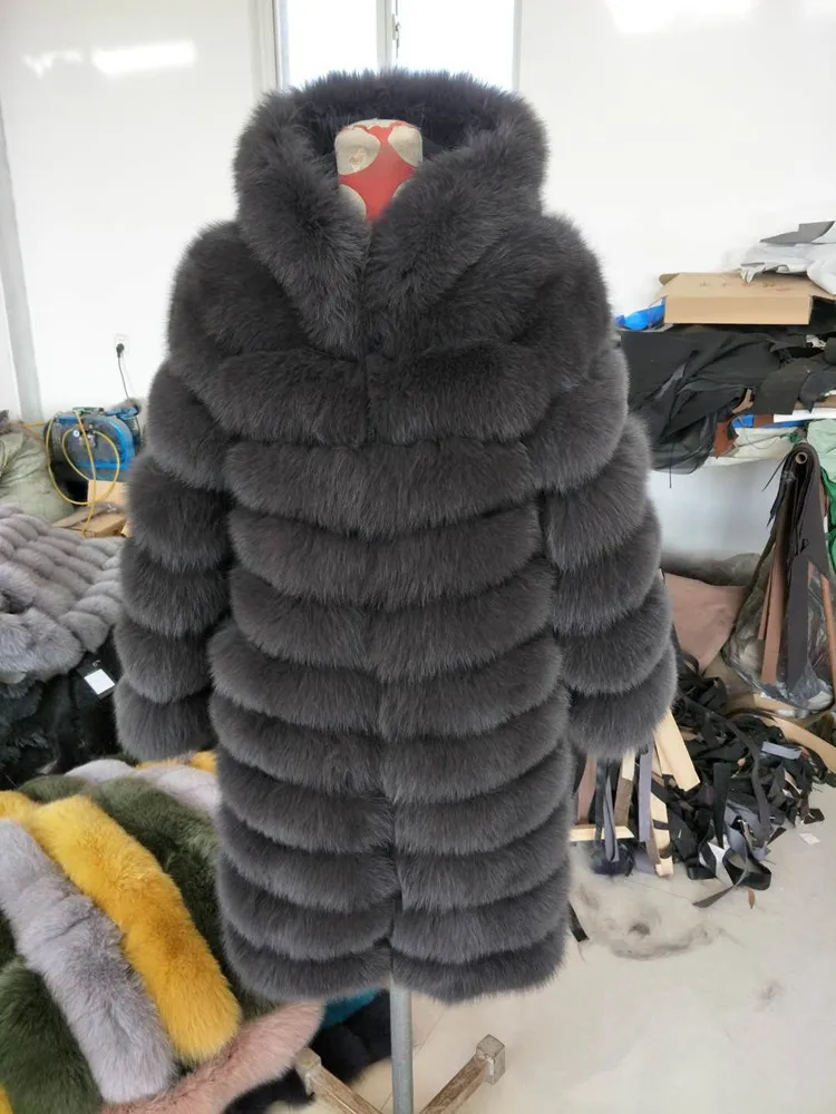Новое натуральный мех лисы женское модное пальто из натурального Лисьего меха Съемная шапка длинная Рождественская красная верхняя одежда куртка с капюшоном - Цвет: iron grey