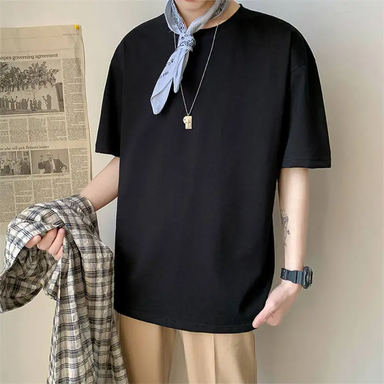 Plus Size Mens T-shirts Male Tops Tees Summer Tshirt Short Sleeve 100% Cotton Loose Fitted Oversize 4XL Plain Solid Man Clothing 07