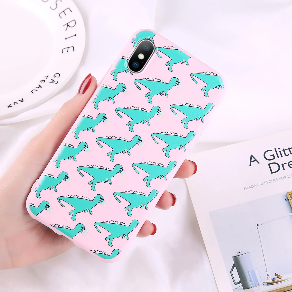 USLION чехол для телефона с забавным динозавром из мультфильма для iPhone 11, 6, 7, 8 Plus, X, XR, XS, Max, милый чехол для iPhone 6 Plus, мягкий силиконовый чехол - Цвет: Розовый