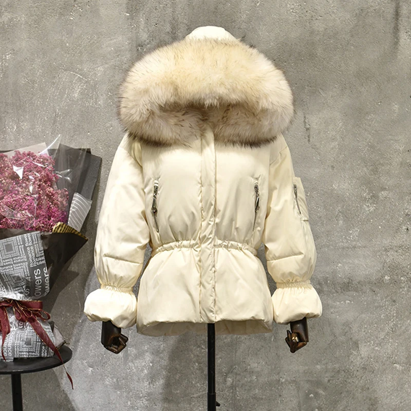 DEAT белый пуховик женский холодный зимний теплый большой меховой воротник толстовки короткая парка женский натуральный мех утолщенные пальто MG854