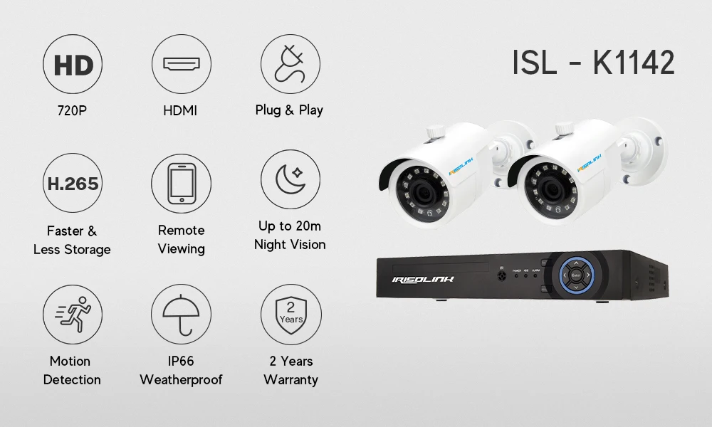 Irisolink 720P система видеонаблюдения 2 шт. камера ночного видения для помещений/улицы CCTV s 4CH H.265 1080N DVR камера безопасности Система