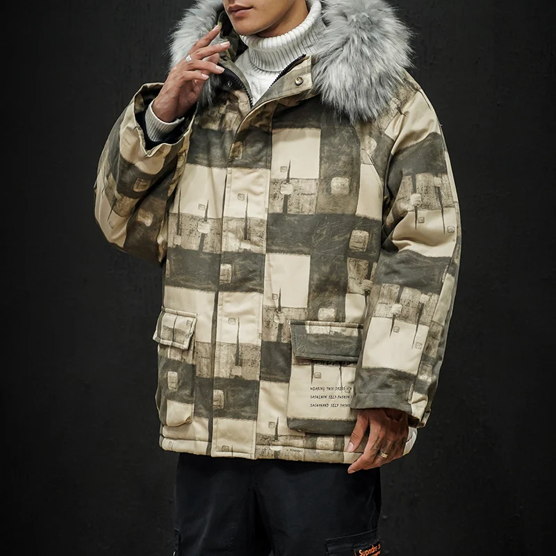 Зимняя мужская куртка, пальто в стиле хип-хоп, повседневная, в клетку, теплая, толстая, длинная, с мехом, с капюшоном, Мужская одежда, для улицы и пальто, парки Abrigo Hombre - Цвет: Бежевый