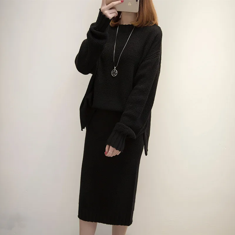 

2019 spring women's sweater +knitting pencil skirt suits female plus size knitted crop tops with skirts 2 piece sets plus size