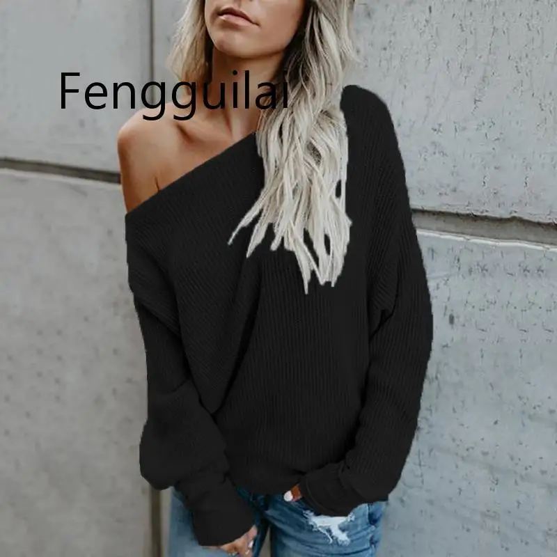 FENGGUILAI One Shoulder Sweater Women Loose Casual Pullovers And Sweaters Woman Autumn Solid Sweet Pullover