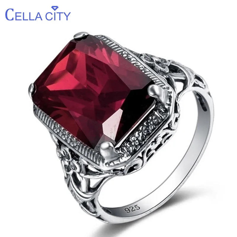 Silver 925 Geometry Ruby Ring for Women Jewelry Rectangle Gemstones Female Anniversary Party Accessory silver ring,silver rings,gemstone ring