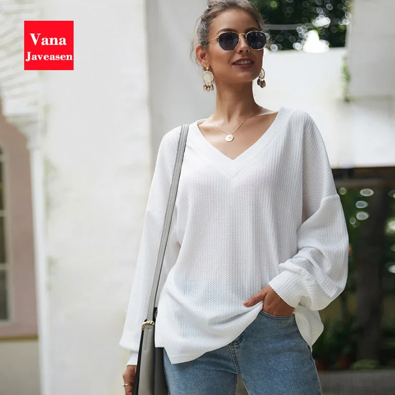 

Vana Javeasen Boho Style Autumn Polo Shirts Top Women Loose V-Neck Long Sleeve Female Tops Solid Color Holiday Womens Clothes